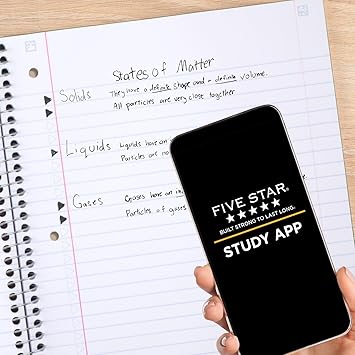 Five Star Spiral Notebook  Study App, 5 Subject, Wide Ruled Paper, Fights Ink Bleed, Water Resistant Cover, 8" x 10-12", 200 Sheets, Tidewater Blue (73196)