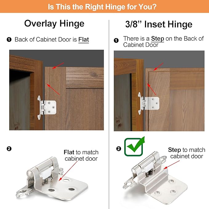 4 Pack (2 Pair) 38" Inset Brushed Satin Nickel Self Closing Cabinet Hinges for Offset Kitchen Cabinet Door, Face Frame Semi Concealed Kitchen Cabinet Hinges