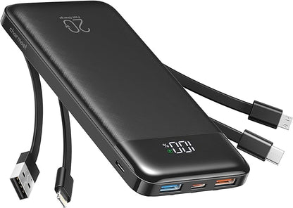 Charmast Power Bank 20000mAh, 20W Fast Charging Portable Charger with Built-in Cables, USB C Battery Pack, Slim Portable Phone Charger Backup Battery for iPhone, Samsung, iPad, More Phones, Tablets