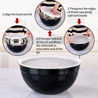 Blue Mixing Bowls with Lids Set of 7, Stainless Steel Nesting Bowl with Khaki Lid for Non-slip Mixing Prepping Storing Serving, 7 Sizes-7/3.6/2.7/2.1/1.5/1/0.8 QT