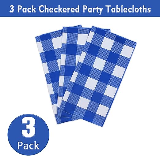 Kesfey 3 Packs White and Blue Gingham Table Cloths 54 x 108 Inches Disposable Plastic Checkered Tablecloths Waterproof Rectangle Picnic Party Tablecovers for Birthday Party Dining Table Kitchens