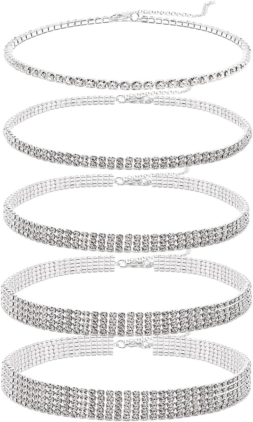 Cryshimmer 5 Pieces Rhinestone Choker Necklaces for Women Silver Gold Plated Tennis Necklaces Dainty Crystal Choker Set Jewelry