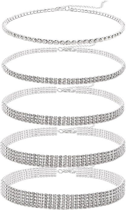 Cryshimmer 5 Pieces Rhinestone Choker Necklaces for Women Silver Gold Plated Tennis Necklaces Dainty Crystal Choker Set Jewelry