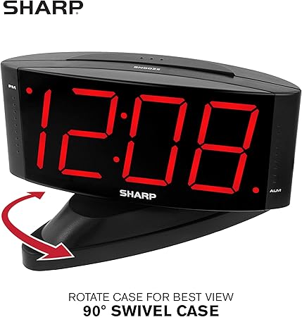 SHARP Home LED Digital Alarm Clock  Swivel Base - Outlet Powered, Simple Operation, Alarm, Snooze, Brightness Dimmer, Big Green Digit Display, (Midnight Black -Red LED)