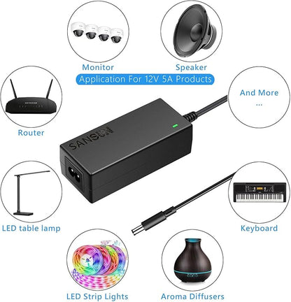 12V 5A Power Supply, AC 120V to DC12V 5.5x2.1mm Jack Converter, 12 Volt LED Driver 60W Adapter Transformer for Strip Lights, Surveillance Cameras, External HDD, Monitor, CCTV (Pack of 1)
