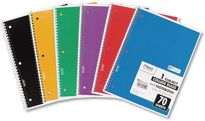 Mead Spiral Notebooks, 6 Pack, 1 Subject, College Ruled Paper, 7-12" x 10-12", 70 Sheets per Notebook, Color Will Vary (73065)