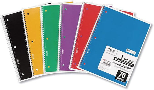 Mead Spiral Notebooks, 6 Pack, 1 Subject, College Ruled Paper, 7-12" x 10-12", 70 Sheets per Notebook, Color Will Vary (73065)