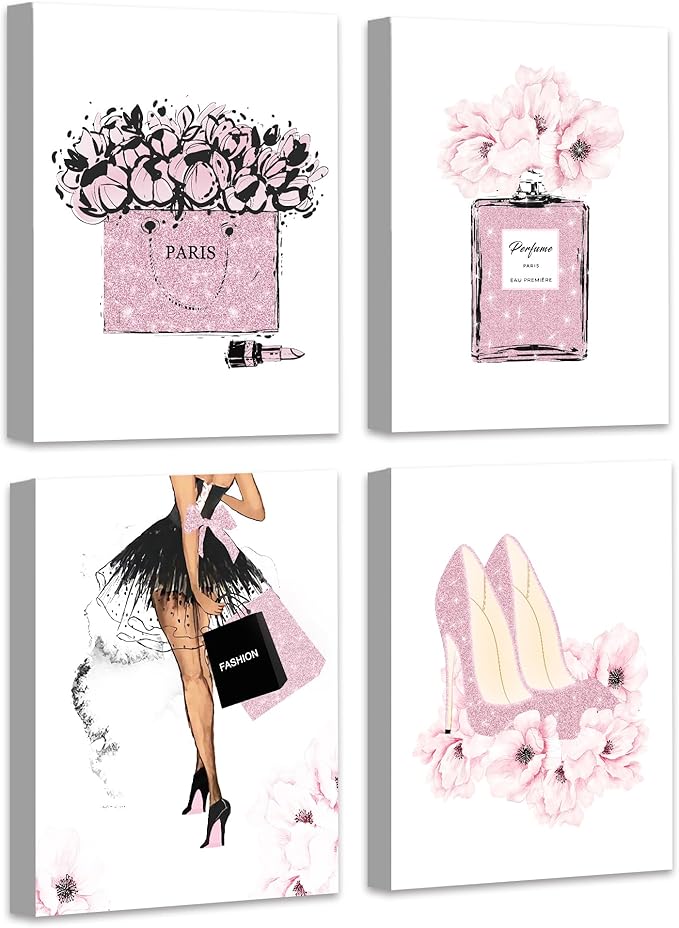 Glam Pink Fashion Wall Decor,Woman Makeup Framed Wall Art,Hot Pink Girly Room Decor,Perfume Handbags High Heels Lipstick Wall Paintings Set of 4