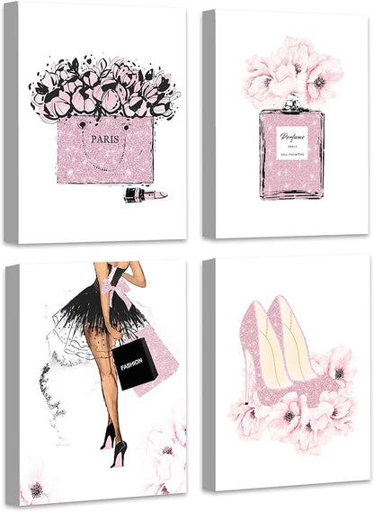Glam Pink Fashion Wall Decor,Woman Makeup Framed Wall Art,Hot Pink Girly Room Decor,Perfume Handbags High Heels Lipstick Wall Paintings Set of 4