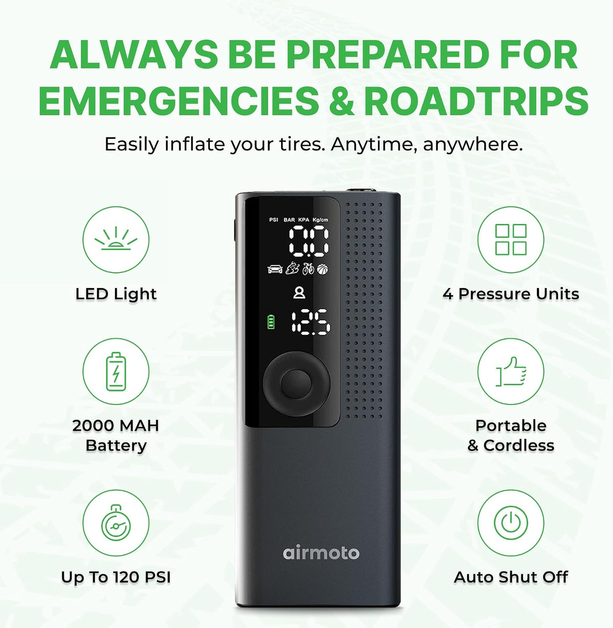Airmoto Portable Tire Inflator and Car and Home Charger Bundle (Car Adapter not included)