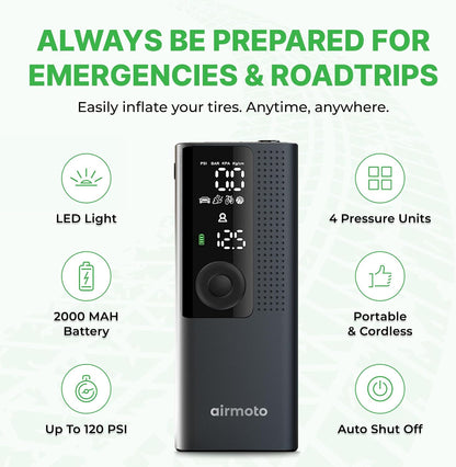 Airmoto Portable Tire Inflator and Car and Home Charger Bundle (Car Adapter not included)