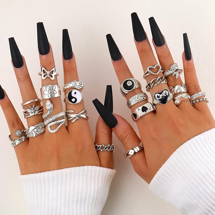 Vintage Silver Open Punk Rings for Men Women, 24PCS Adjustable, Alt, Chunky, Hippie, Gothic, Statement Stacking, Skull Snake Star Flower Heart Eboy Emo Y2K