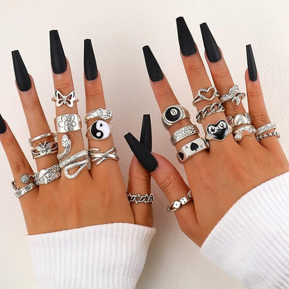Vintage Silver Open Punk Rings for Men Women, 24PCS Adjustable, Alt, Chunky, Hippie, Gothic, Statement Stacking, Skull Snake Star Flower Heart Eboy Emo Y2K