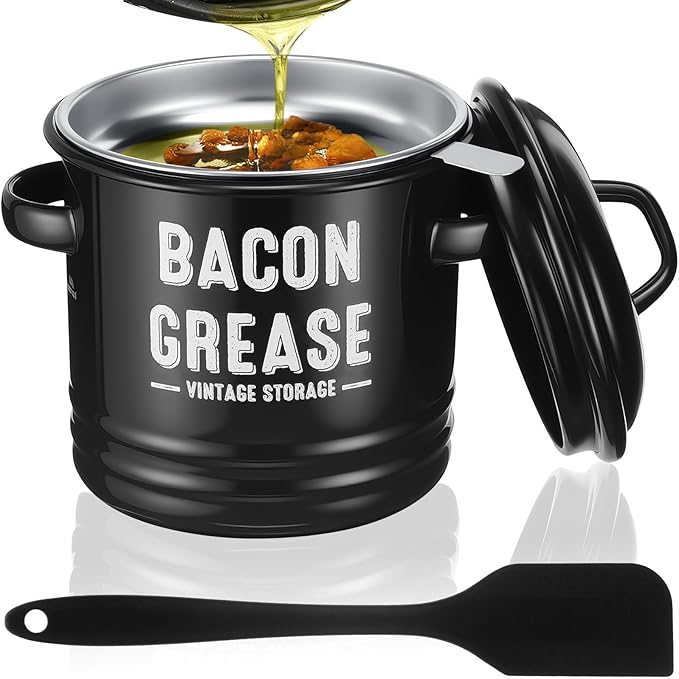 Bacon Grease Saver with Strainer 41oz 1. 2L Large Stainless Steel Grease Container with Silicone Spatula Farmhouse Black Enamel Oil Keeper Can for Kitchen Fat Storage, Dishwasher Safe