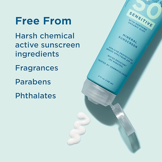 BLUE LIZARD Sensitive Mineral Sunscreen with Zinc Oxide 50 Water Resistant UVAUVB Protection with Smart Cap Technology Fragrance Free, Sensitve, SPF 50 - - Tube, Unscented, 5 Fl Oz