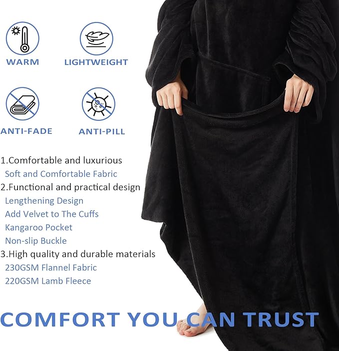 HOSUKKO Fleece blanket hoodie with Sleeves Pocket and Hat - Super Warm and Cozy Giant Blanket Hoodie - Thick Flannel Blanket - Black