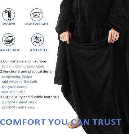 HOSUKKO Fleece blanket hoodie with Sleeves Pocket and Hat - Super Warm and Cozy Giant Blanket Hoodie - Thick Flannel Blanket - Black