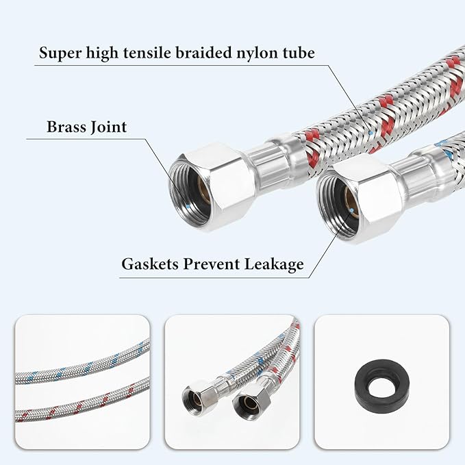 24 Inch Faucet Supply Lines, 2 PCS Faucet Hose Bathroom Kitchen Faucets Lines Braided Stainless Steel Supply Hose for Hot and Cold Water Supply(38-Inch Female Compression Thread X M10 Male Connector)
