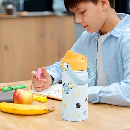 AGH 12oz Stainless Steel Kids Water Bottle with Straw,Double Wall Vacuum Tumbler for Traveling or School - White