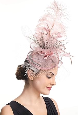 SAFERIN Fascinator for Women Hair Clip Hat Bowler Feather Flower Veil Wedding Party Hat Tea Hat