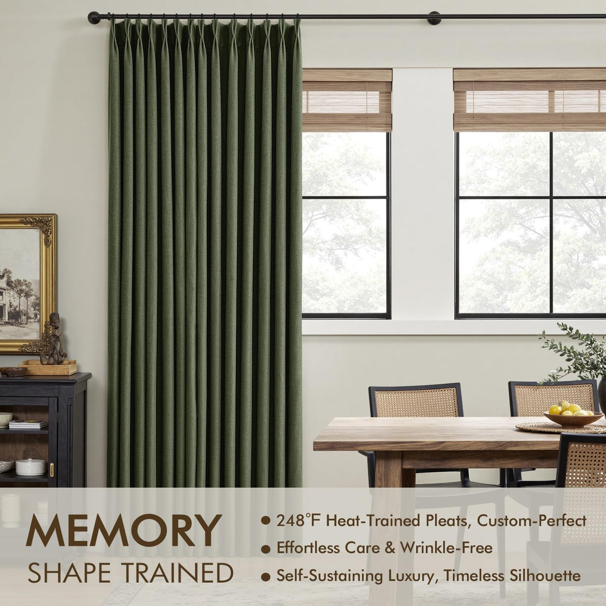 MIULEE Olive Green Pinch Pleated 100% Blackout Linen Curtains 40x108 Inches Room Darkening, Memory Trained, Light Blocking, Black Out Pleat Drapes, Window Curtains for Bedroom Living Room, 2 Panels