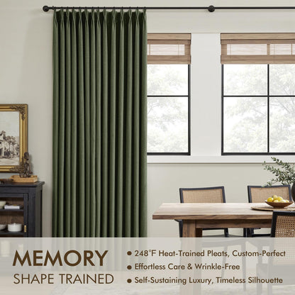 MIULEE Olive Green Pinch Pleated 100% Blackout Linen Curtains 40x108 Inches Room Darkening, Memory Trained, Light Blocking, Black Out Pleat Drapes, Window Curtains for Bedroom Living Room, 2 Panels