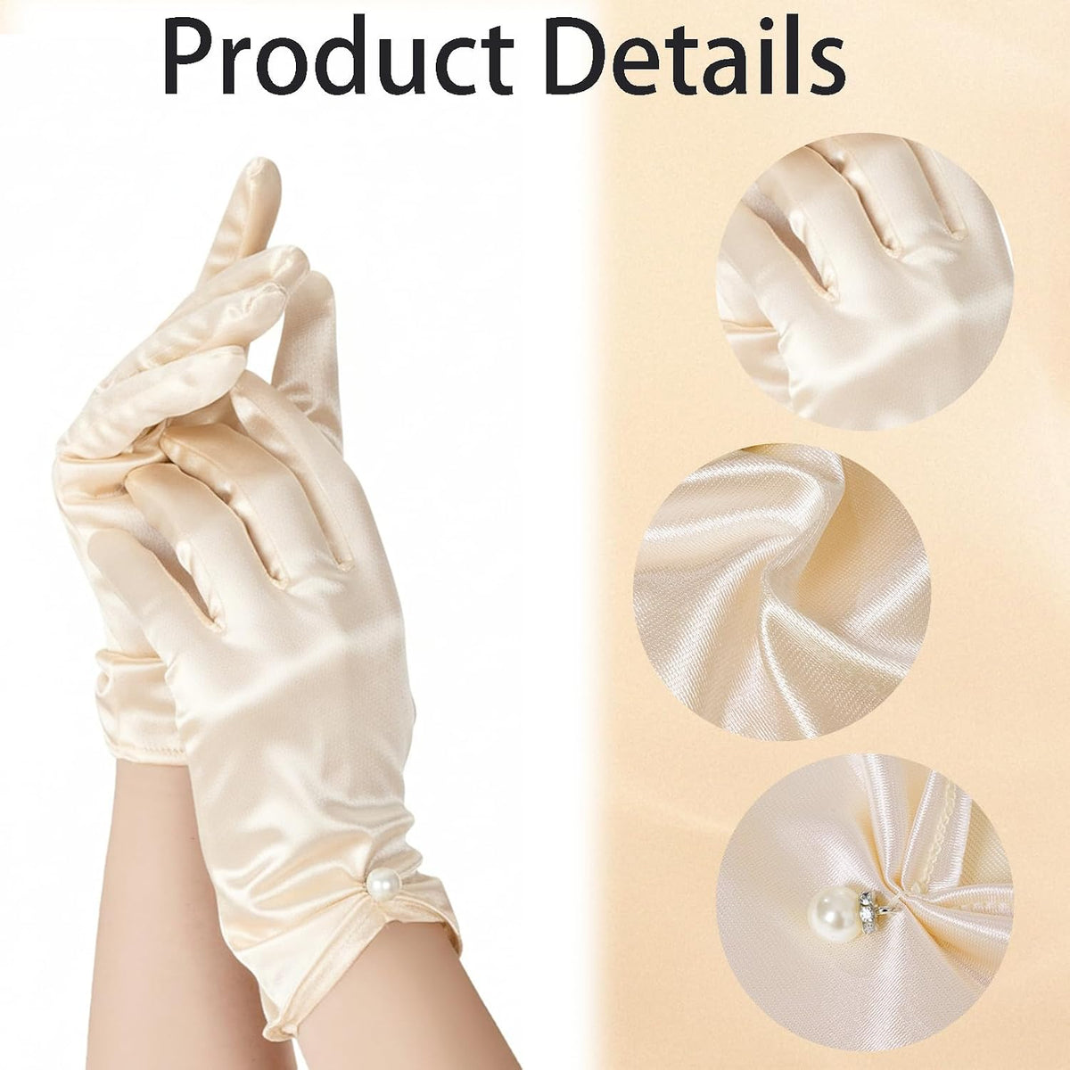 Satin Wrist Gloves for Women White Short Satin Pearl Gloves for Wedding Opera Tea Party Banquet Dress Accessories