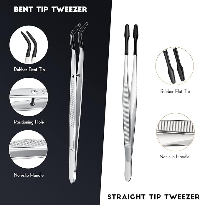2 Piece Tweezers with Rubber Tips Set - Bent and Straight Flat Tips Tweezers PVC Coated for Stamp Coins Jewelry Crafts, Electronics(Silver, Black)