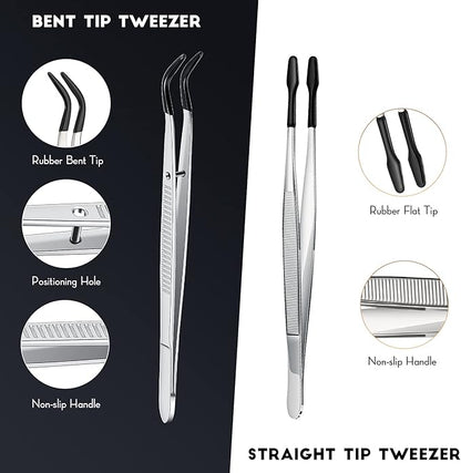 2 Piece Tweezers with Rubber Tips Set - Bent and Straight Flat Tips Tweezers PVC Coated for Stamp Coins Jewelry Crafts, Electronics(Silver, Black)