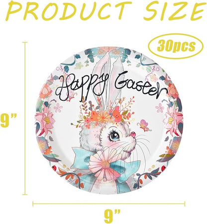 30 Pcs Easter Plates Bunny Plates, 9" Easter Paper Plates Easter Dinner Plates Easter Dessert Plates, Easter Disposable Plates Spring Bunny Paper Plates Easter Salad Party Plates Dinnerware