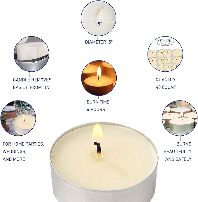 Visen 50Pack Tealight Candles, White, Unscented, Smokeless, Dripless & 6Hours Burn Time Long Burning Paraffin Tea Lights Candles for Home, Romantic Decor, Pool, Shabbat, Weddings & Emergencies
