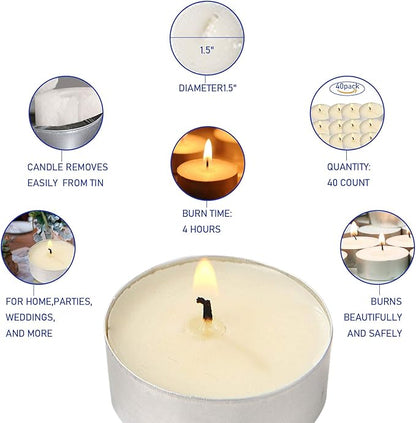 Visen 50Pack Tealight Candles, White, Unscented, Smokeless, Dripless & 6Hours Burn Time Long Burning Paraffin Tea Lights Candles for Home, Romantic Decor, Pool, Shabbat, Weddings & Emergencies