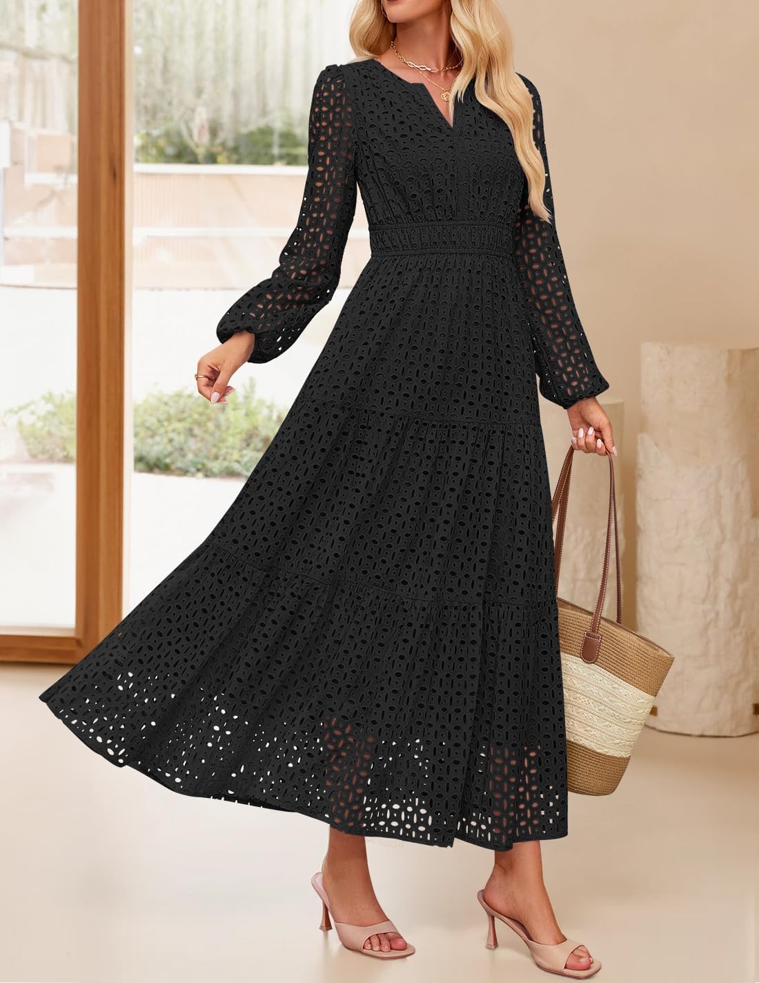 PrettyGarden Women's 2026 Fall Long Sleeve Eyelet Maxi Dress | V Neck Hollow Out A Line Flowy Casual Winter Outfits Funeral Church Wedding Guest Cocktail Midi Dresses