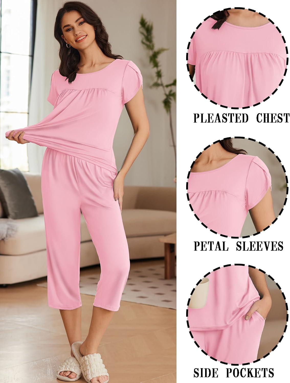 Ekouaer Womens Capri Pajama Set Short Sleeve Mumu Pjs Pleated Top Capri Pants with Pockets Sleepwear Lounge Set