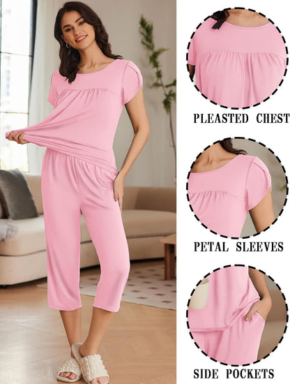 Ekouaer Womens Capri Pajama Set Short Sleeve Mumu Pjs Pleated Top Capri Pants with Pockets Sleepwear Lounge Set