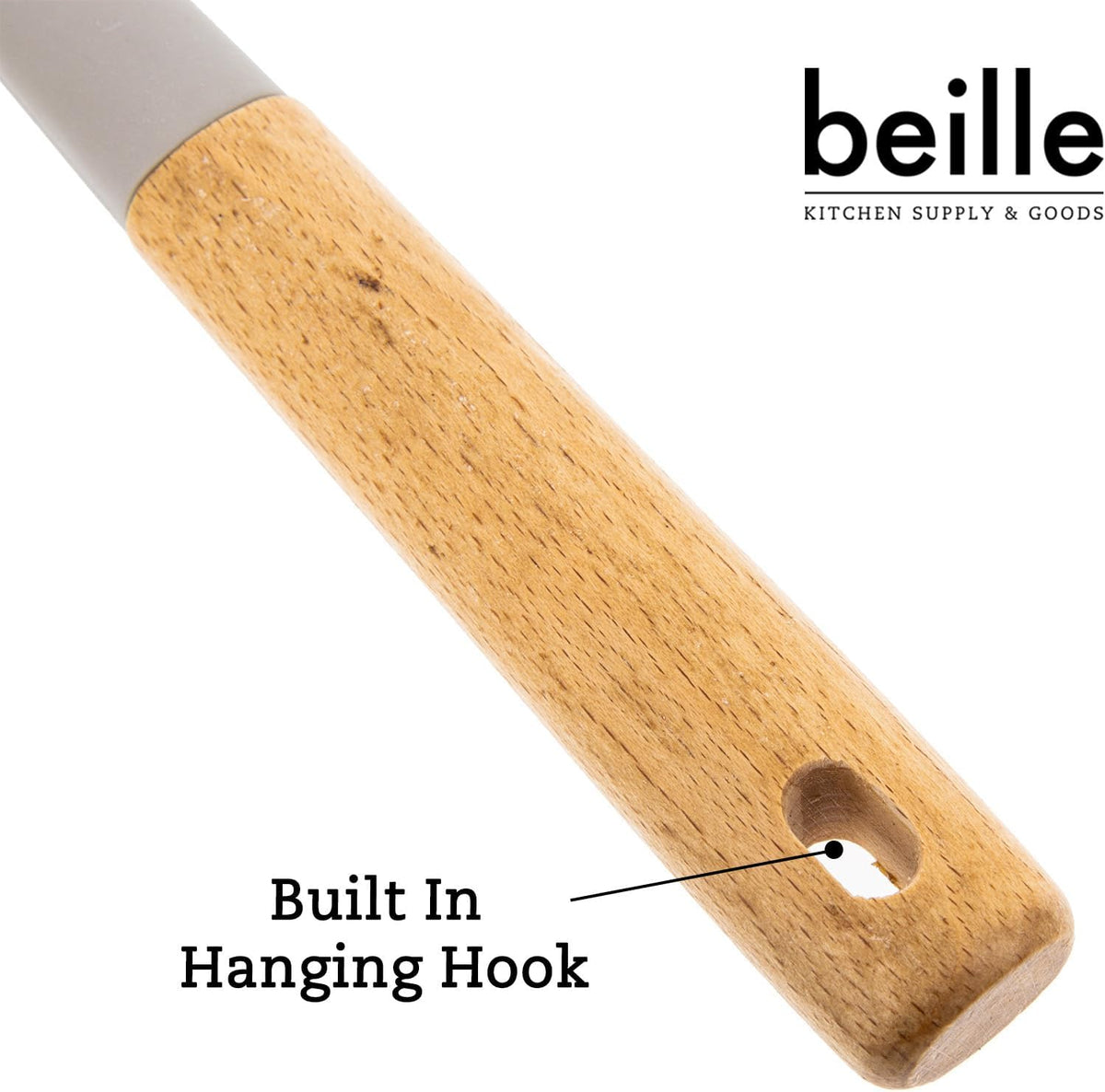 Beille 1pc Beech Wood and Slotted Silicone Cooking Spoon Kitchen Utensils Baking Supplies Home Essentials, Beige