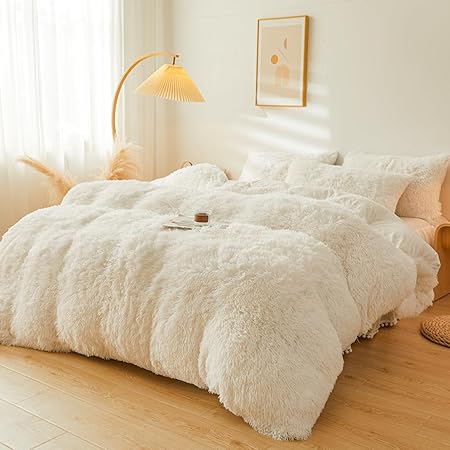 Fluffy Beige Faux Fur Comforter Cover Queen Set,Fluffy Fuzzy Plush Cream Bedding 4Pcs (1 Faux Fur Duvet Cover 2 Fuzzy Pillowcases1velvet Bed Skirt) Beige Fluffy Bed Set(Beige, Queen)