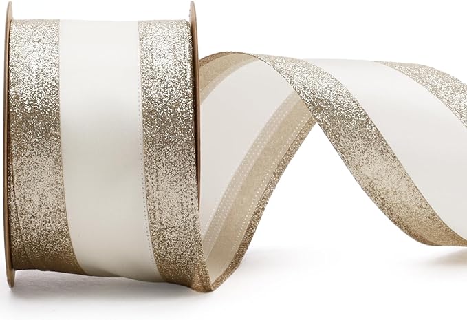 LaRibbons Glitter Wired Ribbon 2.5 Inch Wide 10 Yard Gold Metallic Satin Ribbon for Christmas Tree Garland, Wreath Bow, Craft,Gift Wrapping, Home Decor