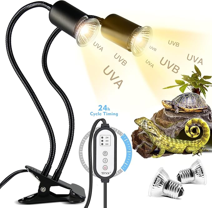 Reptile Heat Lamp, Double-Head Heat Lamp with Clamp, UVA UVB Reptile Light with Intelligent Cycle Timer for Turtle, Bearded Dragon, Lizard and More, 2 Bulbs 25W50W