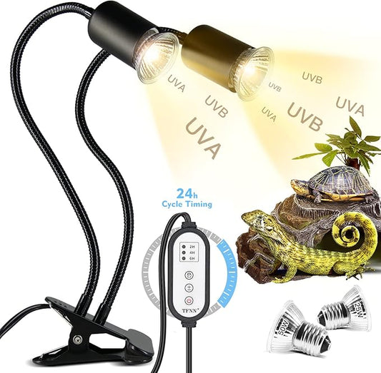 Reptile Heat Lamp, Double-Head Heat Lamp with Clamp, UVA UVB Reptile Light with Intelligent Cycle Timer for Turtle, Bearded Dragon, Lizard and More, 2 Bulbs 25W50W