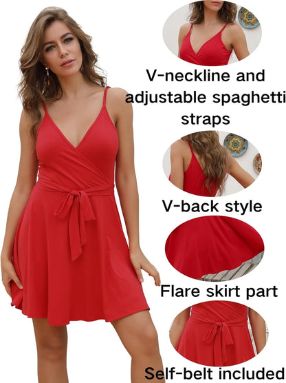 Aphratti Women's Summer Dress Casual Mini Sexy V-Neck Spaghetti Strap Faux Wrap Fit and Flare Short Sundress