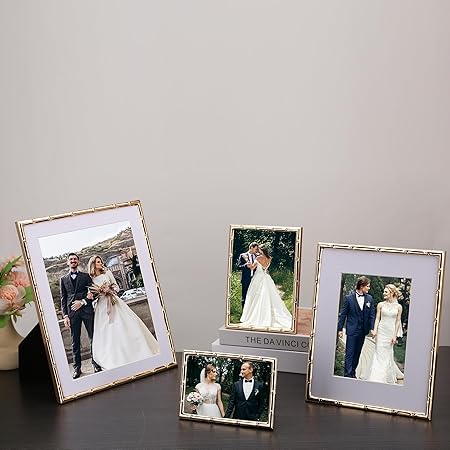 8x10'' Bamboo Detail Gold Metal Picture Frame with Acid Free Mat for 5x7'' Set of 2, Narrow Gold Plated Photo Frames 5 x7'' With Soft Touch Velvet Backing for Desktop and Wall Decor(Dark Gold)