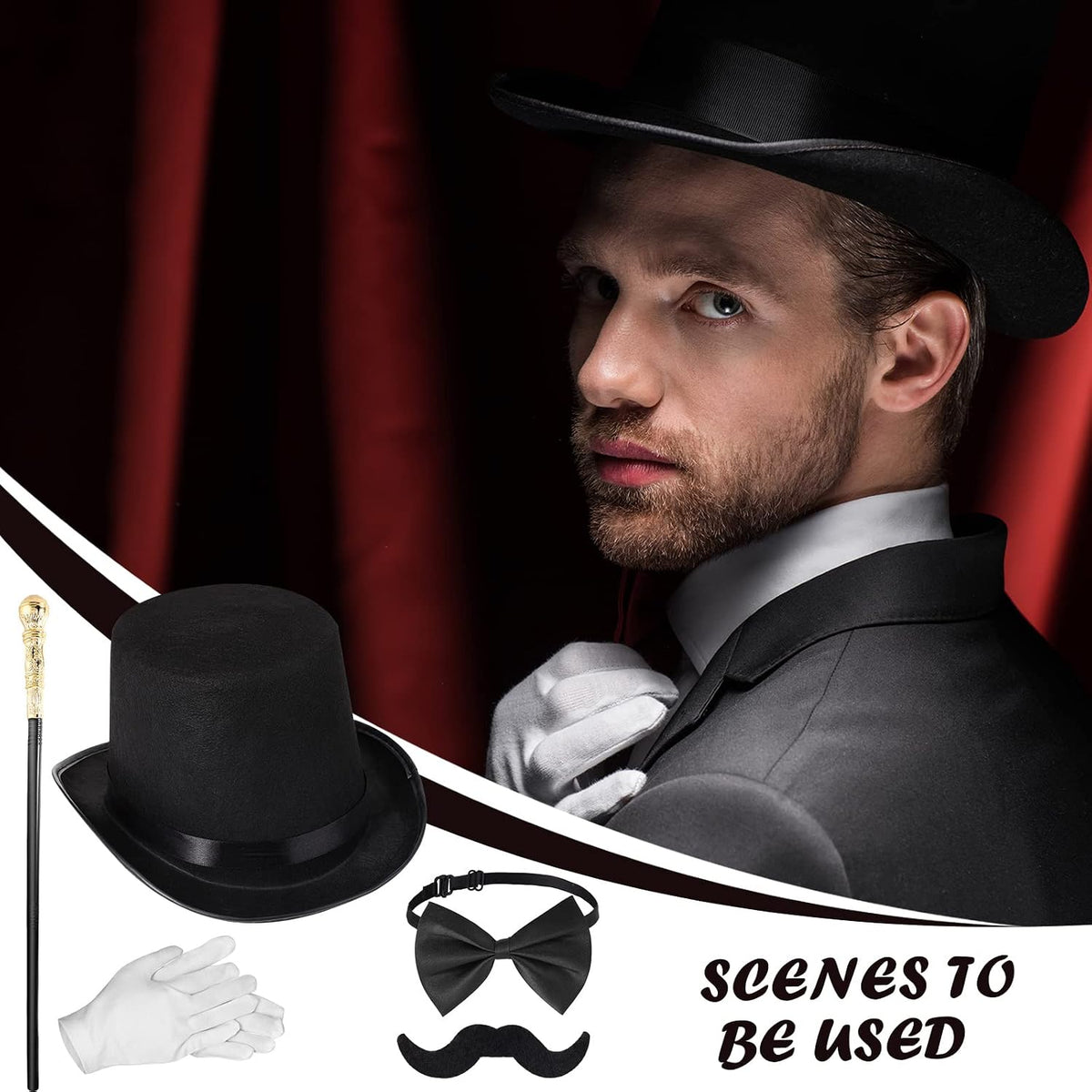 Jadive 6 Pcs 1920s Men Accessories Gentleman Costume Hat Round Head Scepter Magnifying Glass Bow, Gloves, Beard