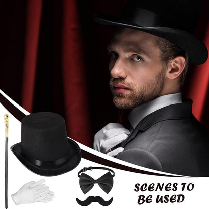 Jadive 6 Pcs 1920s Men Accessories Gentleman Costume Hat Round Head Scepter Magnifying Glass Bow, Gloves, Beard