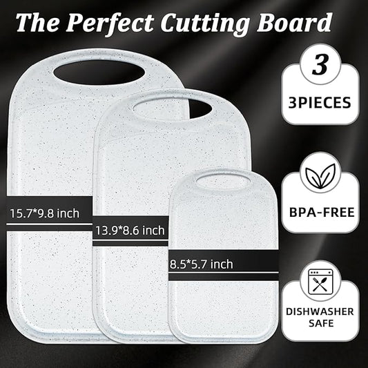 Bestdin Cutting Boards for Kitchen, Cutting Board Set for 3, BPA Free Chopping Board, Plastic Cutting Board with Easy Grip Handle, Non-porous Meat Cutting Board, Dishwasher Safe.