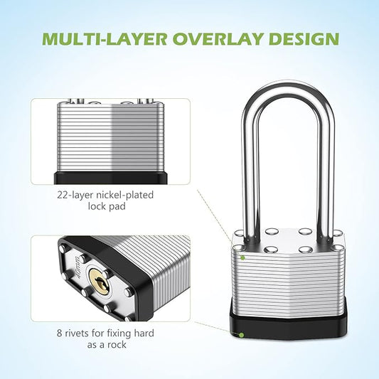 KeeKit Padlock with Key, 40mm Heavy Duty Lock with 53mm Long Shackle, Waterproof Gate Solid Brass Lock for Gym Locker, Garage, Fence, Shed, Yard, Outdoor, Indoor, 2 Pack