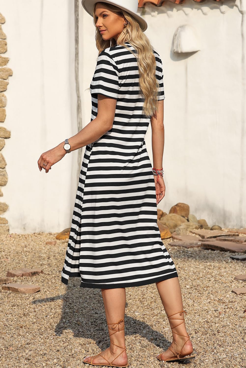 MARZXIN Women 2025 Casual Maxi Dress Short Sleeve V Neck Stripe Sundress Split Loose Long Summer Tshirt Activewear Dress
