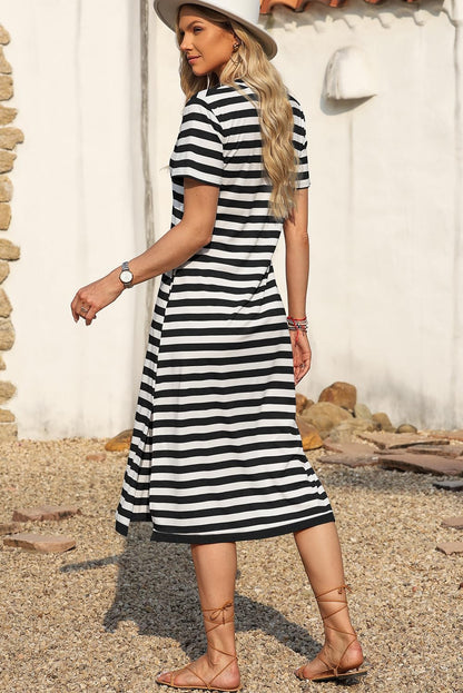 MARZXIN Women 2025 Casual Maxi Dress Short Sleeve V Neck Stripe Sundress Split Loose Long Summer Tshirt Activewear Dress