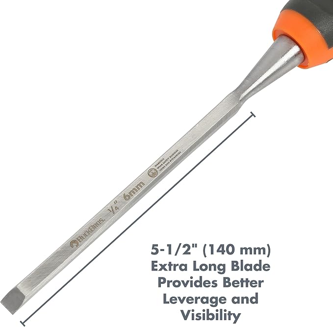 74711 Wood Chisel 1/4 Inch, For Trim, Carving, and Detail Work, Comfort Grip Handle, Resharpenable High Carbon Steel Blade, Mallet-Safe Design for Carpentry and Wood Working