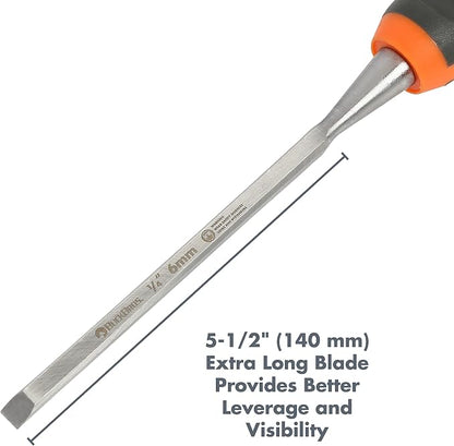 74711 Wood Chisel 1/4 Inch, For Trim, Carving, and Detail Work, Comfort Grip Handle, Resharpenable High Carbon Steel Blade, Mallet-Safe Design for Carpentry and Wood Working